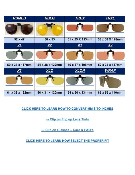 clip on sunglasses sizing chart.